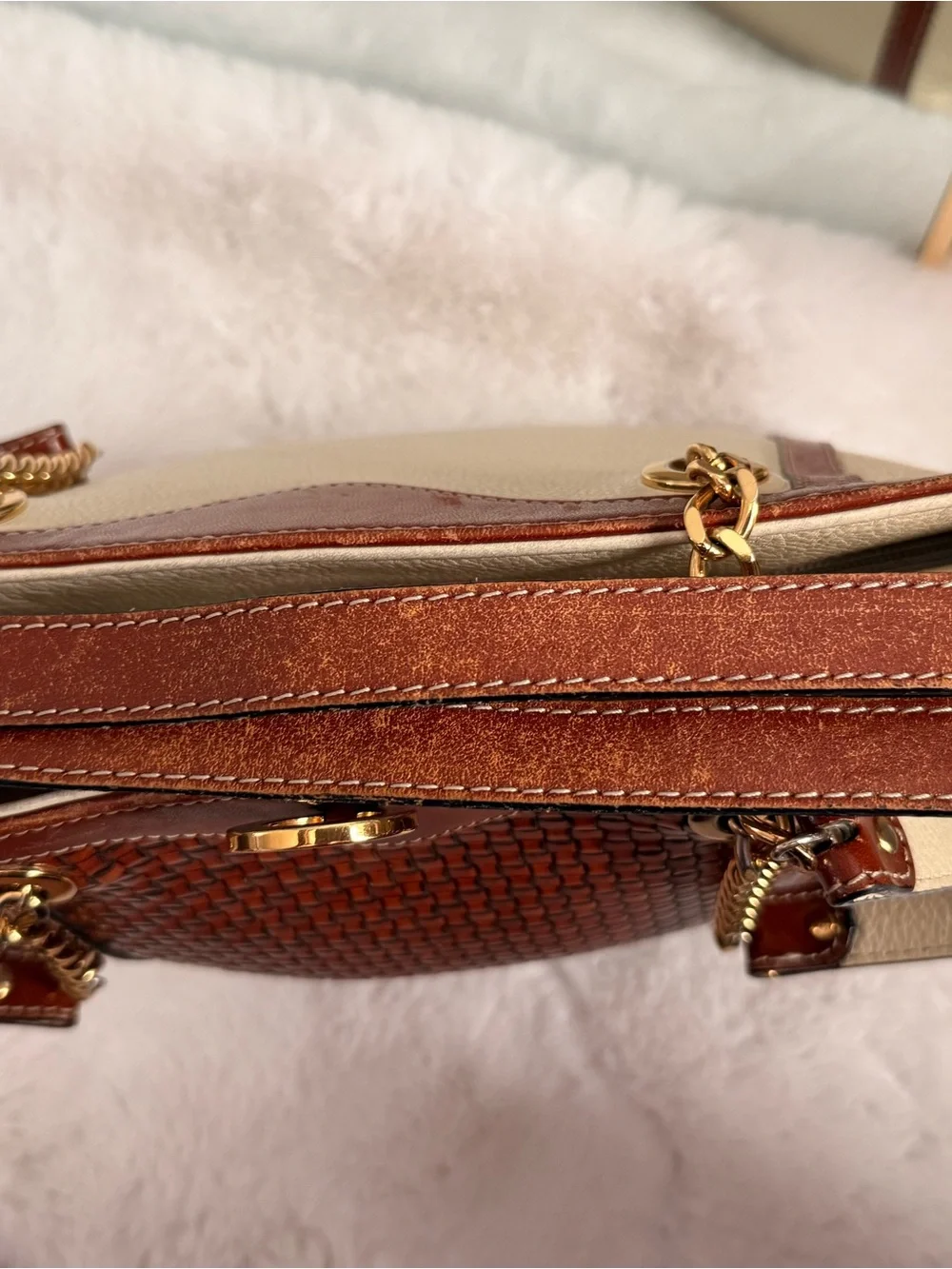 Bally vintage Brown Woven Leather Shoulder Bag with Cream Sides
